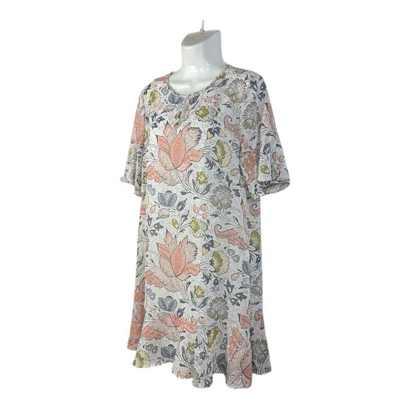 Ann Taylor Loft Shift Dress Women's Medium Pink Gold Floral Ruffle Sleeves Midi - Picture 3 of 9